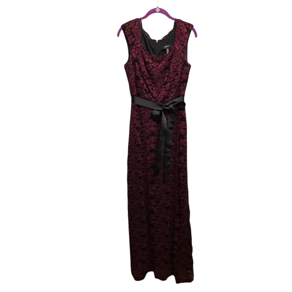 R&M Richards Black and Burgundy Lace Sleeveless Evening Gown Size 8 Loose Fit - Picture 3 of 11